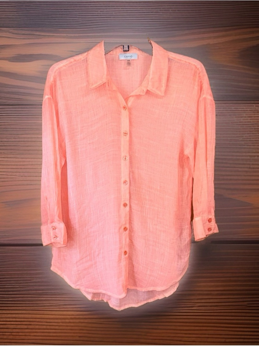 Cupio Lightweight Semi-Sheer Gauzy Button Down Top w3/4 Sleeve-L-EC
